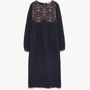 NWT Zara Trafaluc Embroidered Navy Midi Dress L